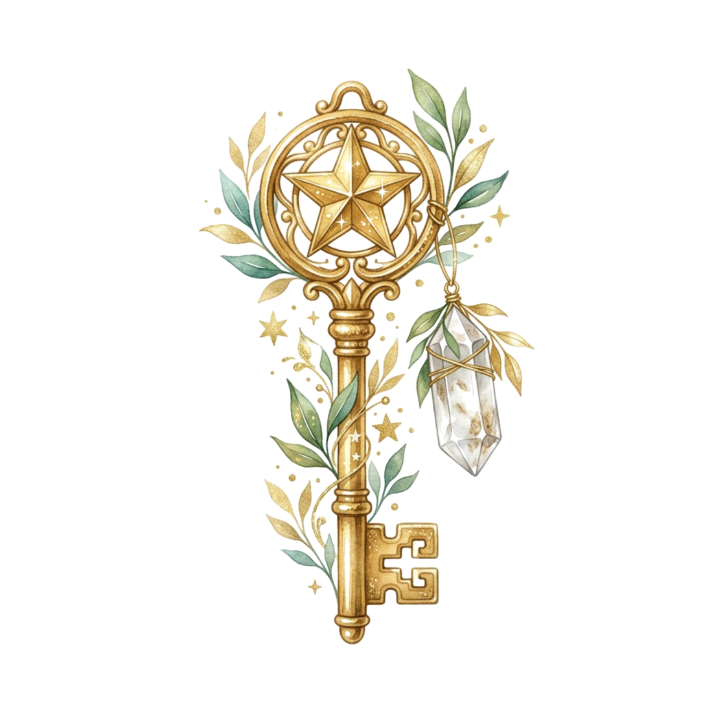 Chave dourada vintage em estilo aquarela decorada com folhas e cristais representando direcionamento estratégico e oportunidades