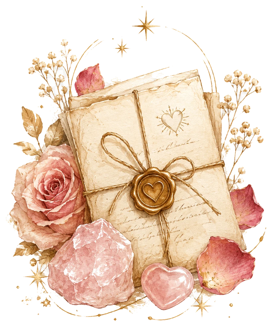 Arte da Leitura do Coração com cartas, rosa e cristal